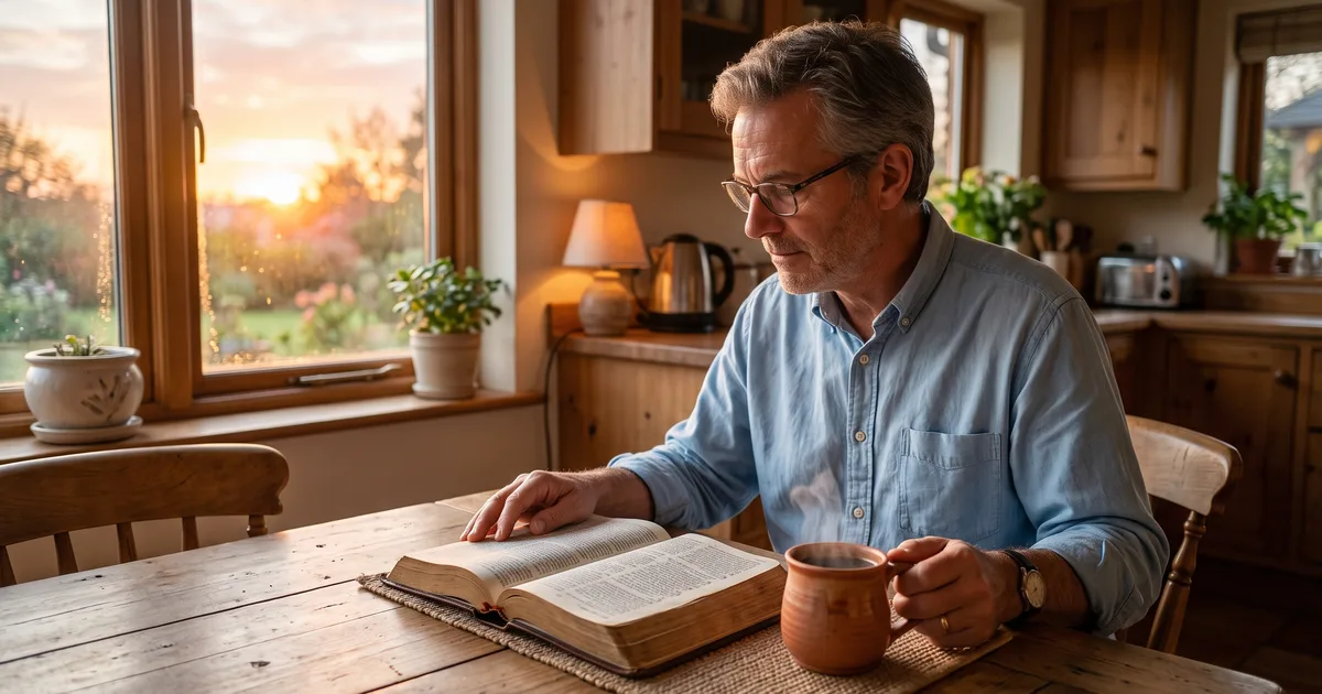 Hombre biblia cafe amanecer leyendo la Biblia