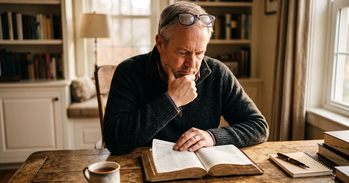 Hombre pensativo leyendo la Biblia