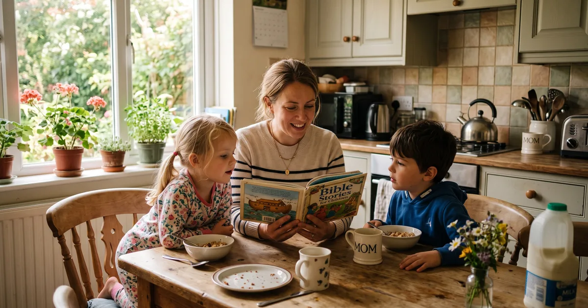 Madre hijos biblia cocina leyendo la Biblia